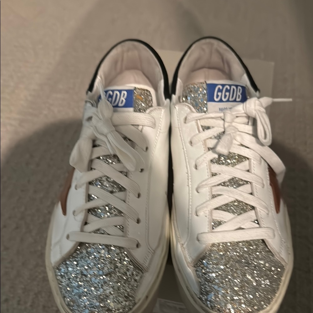 Golden Goose White and Silver Sparkle Sneakers